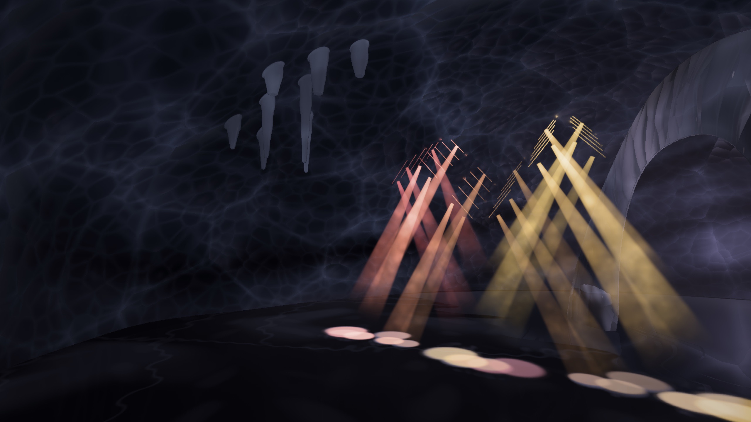 The Aquarium standing inside an ice world, warm beams falling through the dark