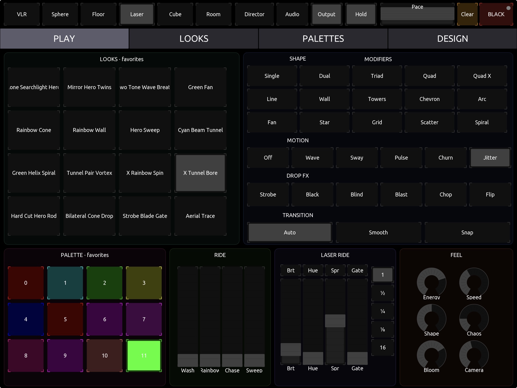 Telaray's generated TouchOSC layout on iPad, PLAY page: looks and palette favorites, ride faders, laser-ride faders, and feel knobs
